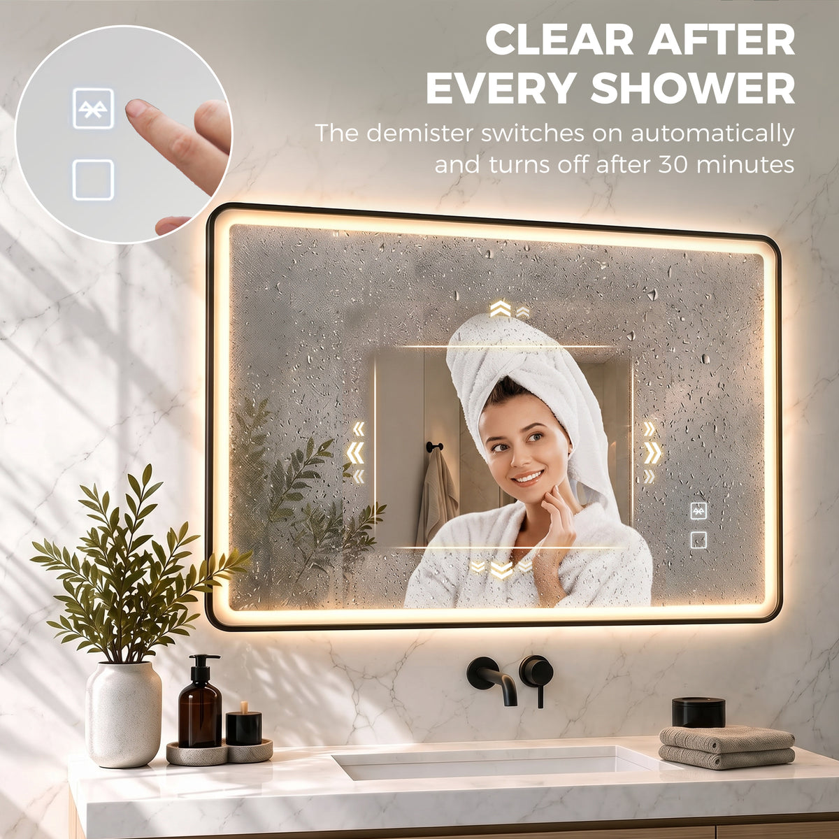 100 x 70cm Rectangular LED Bathroom Mirror with Bluetooth Speaker and Demister - Black