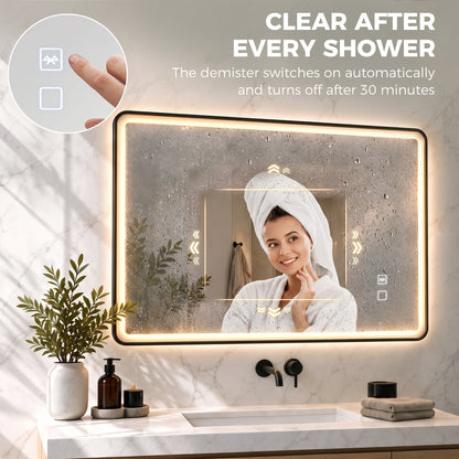 100 x 70cm Rectangular LED Bathroom Mirror with Bluetooth Speaker and Demister - Black