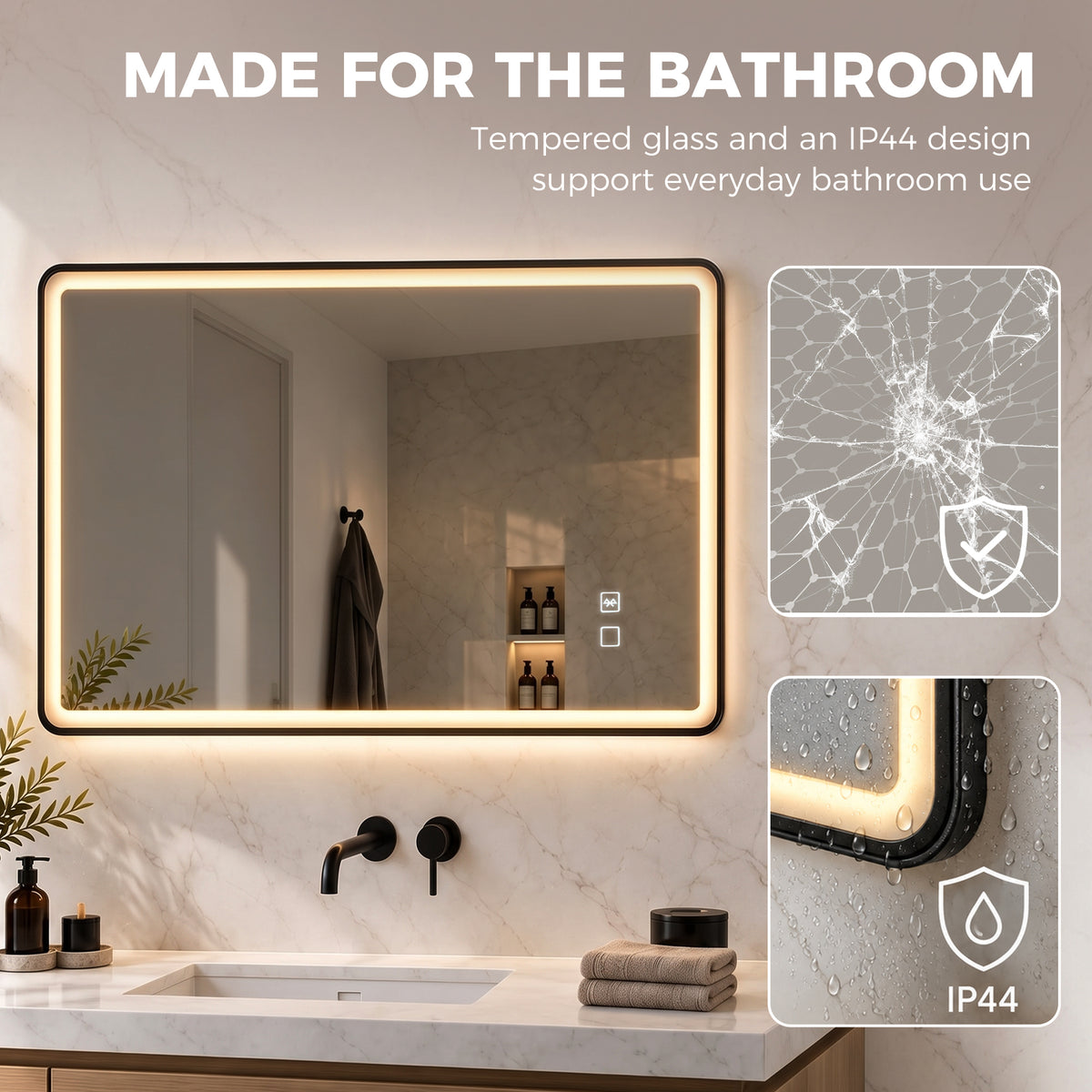 100 x 70cm Rectangular LED Bathroom Mirror with Bluetooth Speaker and Demister - Black
