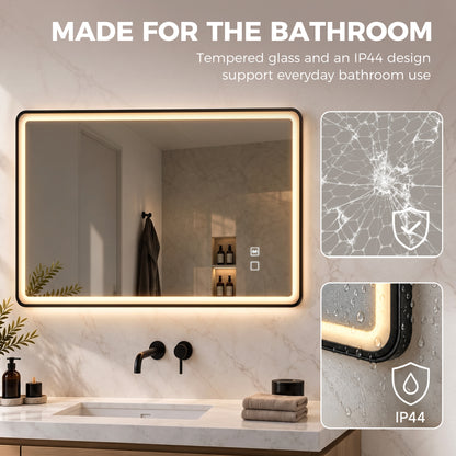 100 x 70cm Rectangular LED Bathroom Mirror with Bluetooth Speaker and Demister - Black