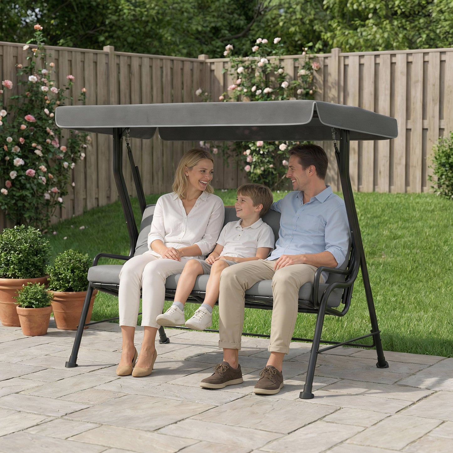 3-Seater Garden Swing Seat, Outdoor Swing Chair with Canopy, Grey