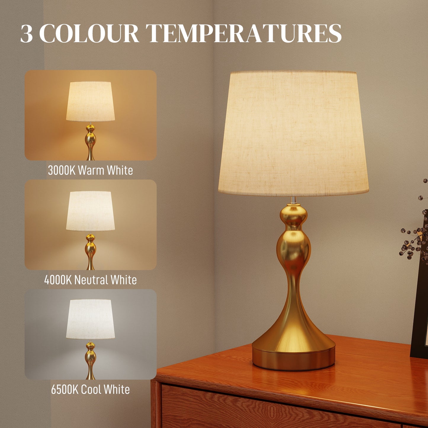 Table Lamps Set of 2, Modern Bedside Lamps with USB Ports, Gold Tone
