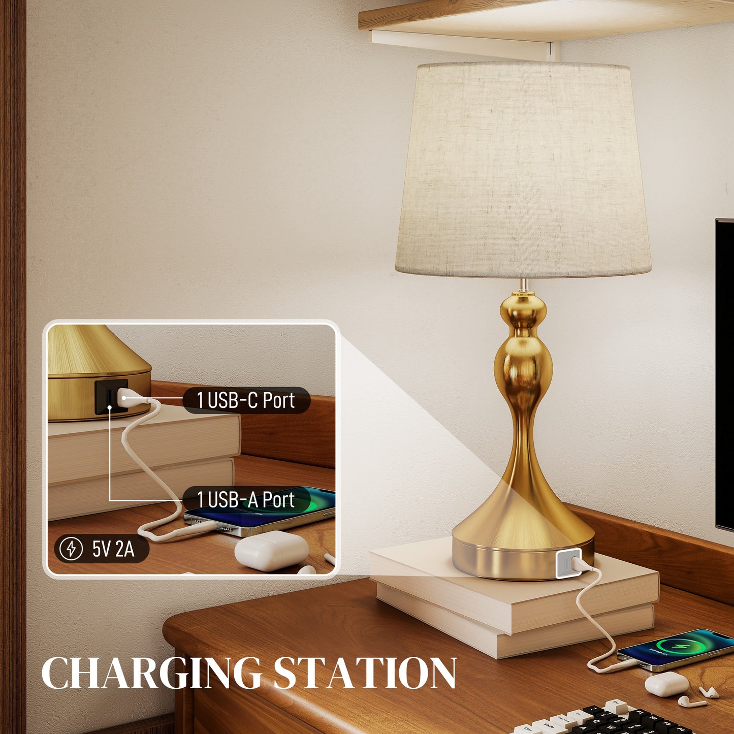 Table Lamps Set of 2, Modern Bedside Lamps with USB Ports, Gold Tone