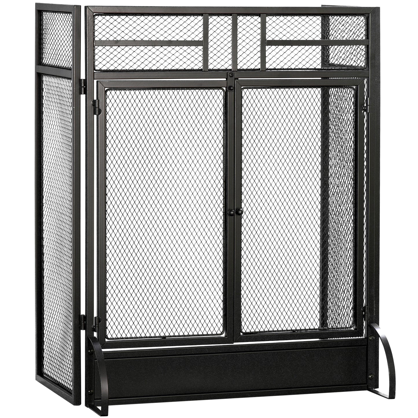 3-Panel Folding Freestanding Fireplace Screen with Door Metal Mesh, Black