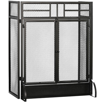 3-Panel Folding Freestanding Fireplace Screen with Door Metal Mesh, Black