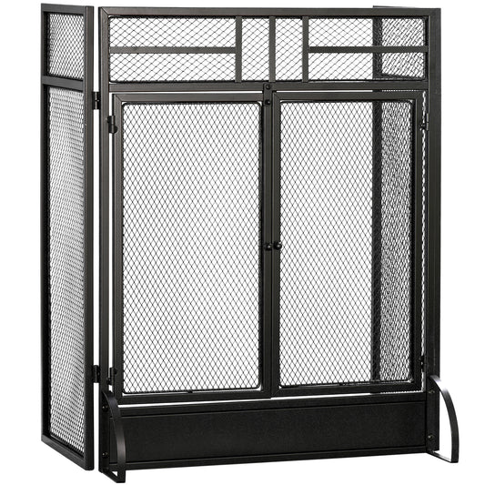 3-Panel Folding Freestanding Fireplace Screen with Door Metal Mesh, Black