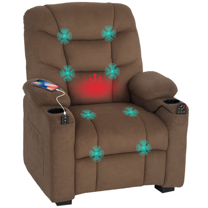 Electric Massage Recliner Armchair with Vibration, Heat, Whisper-Quiet Motor, Memory Function, Fleece Power Reclining Chair with Spring Pack, USB Port, Footrest, Side Pocket, Cup Holders, Brown