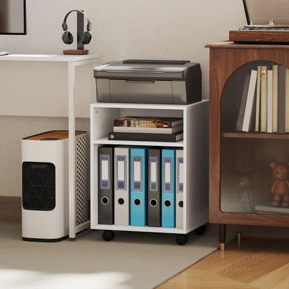 2-Tier Printer Stand with Storage and Wheels, White