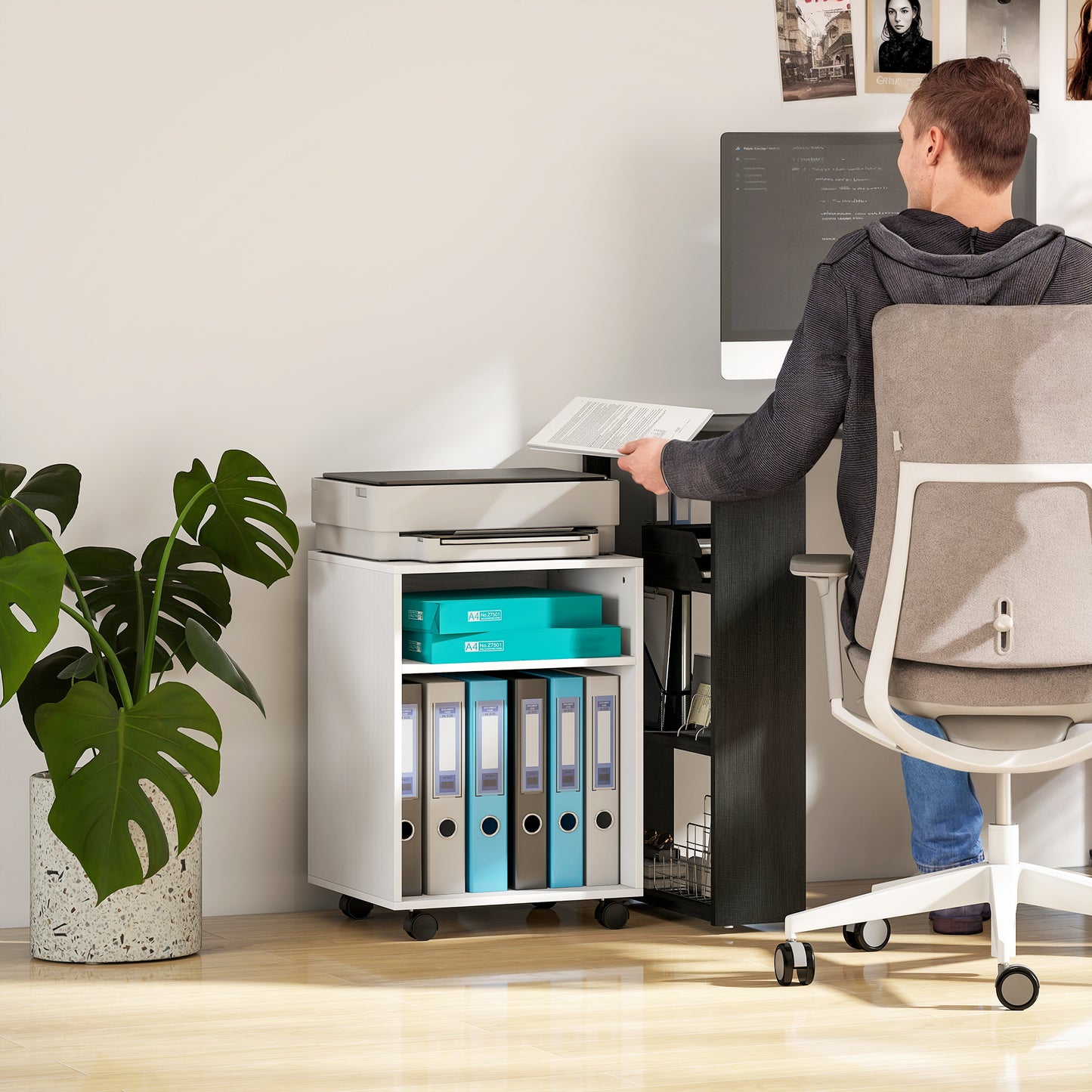 2-Tier Printer Stand with Storage and Wheels, White