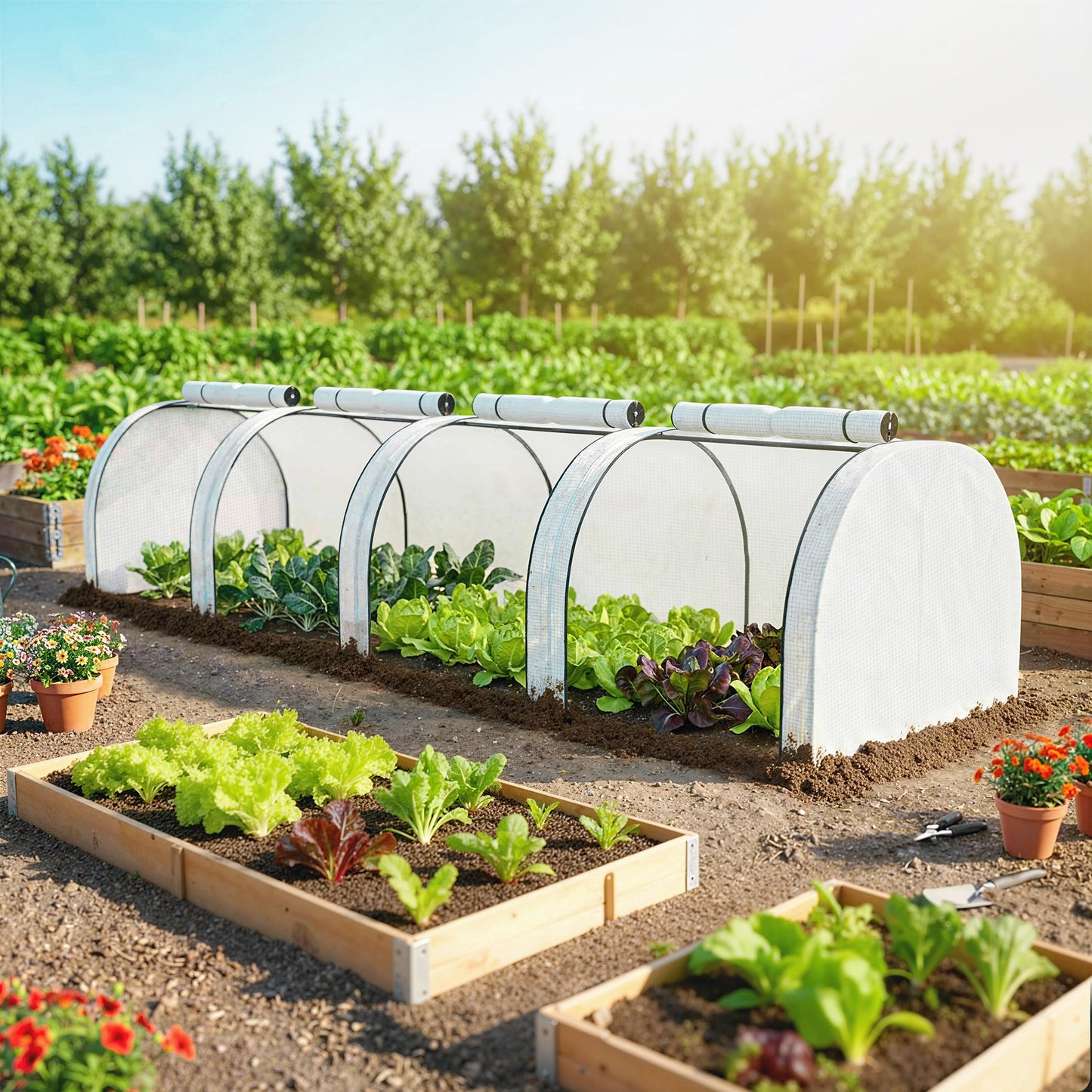 PE Tunnel Greenhouse, Green Grow House with Steel Frame and Zipper Doors for Garden, 395 x 100 x 80cm, White