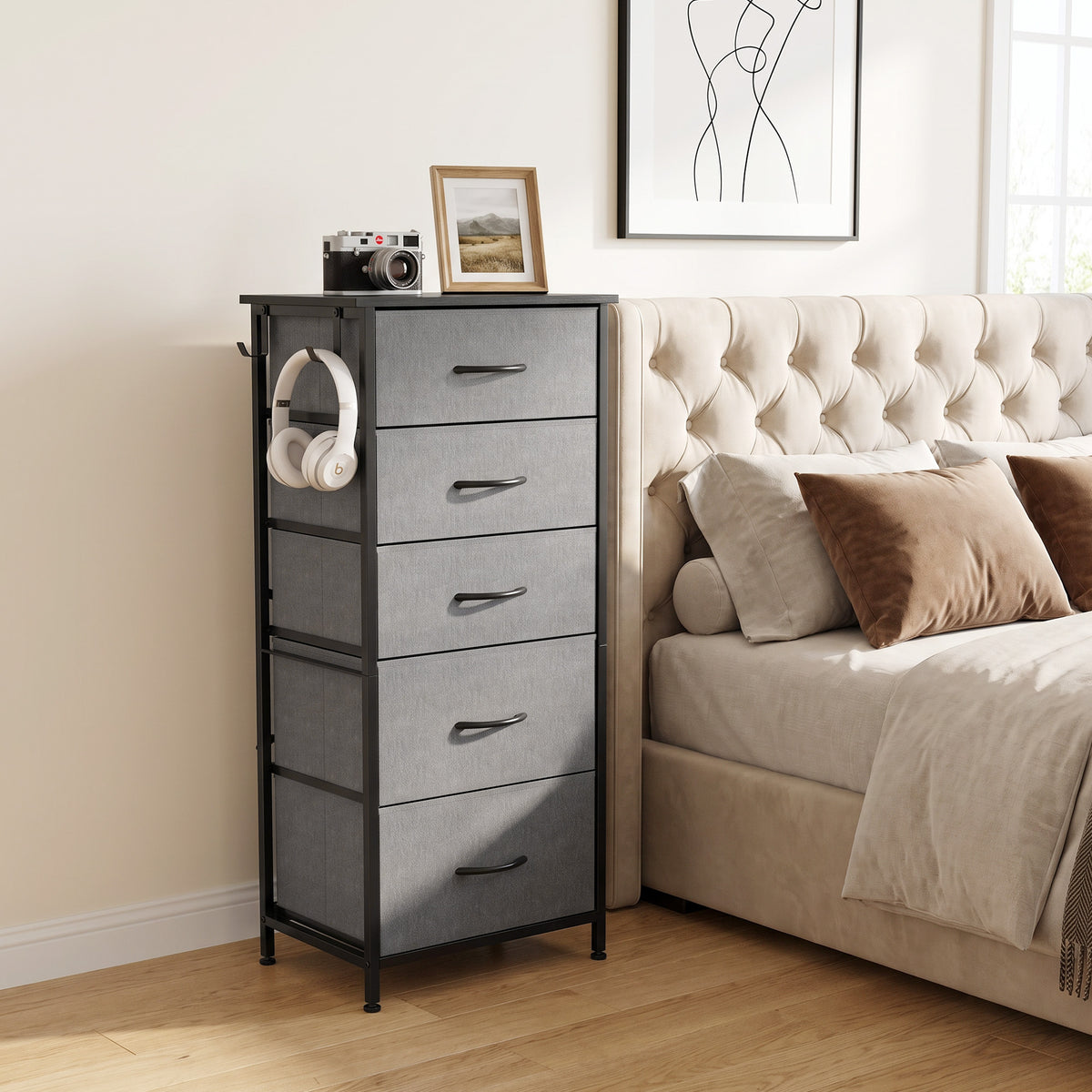 Fabric Chest of Drawers, 5 Drawer Dresser for Bedroom, Charcoal Grey