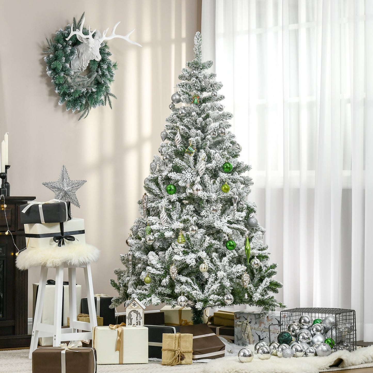 6ft Snow Flocked Artificial Christmas Tree w/ Realistic Branch Tips