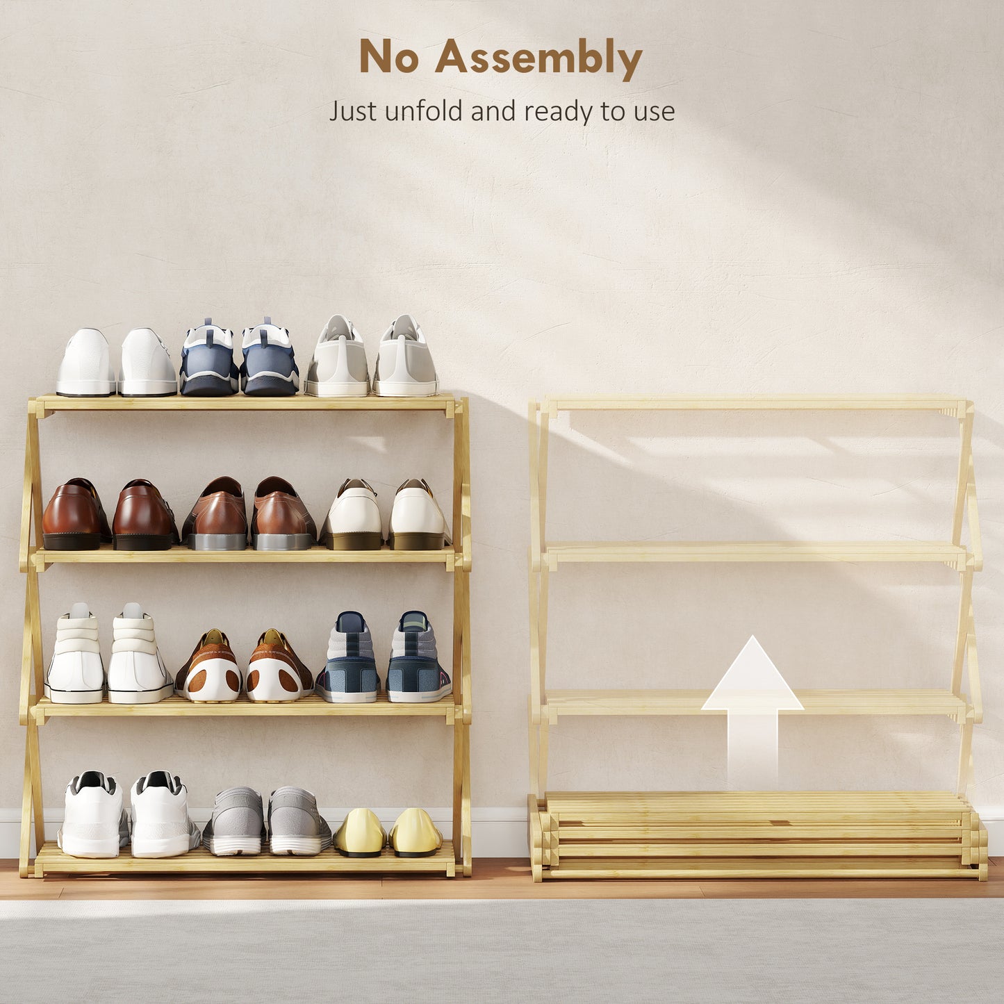 4-Tier Bamboo Shoe Rack, Folding Shoe Shelf, Holds up to 12 Pairs