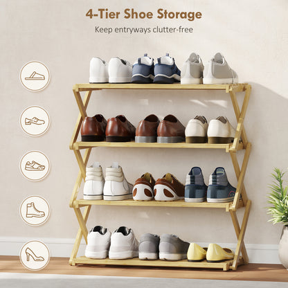 4-Tier Bamboo Shoe Rack, Folding Shoe Shelf, Holds up to 12 Pairs