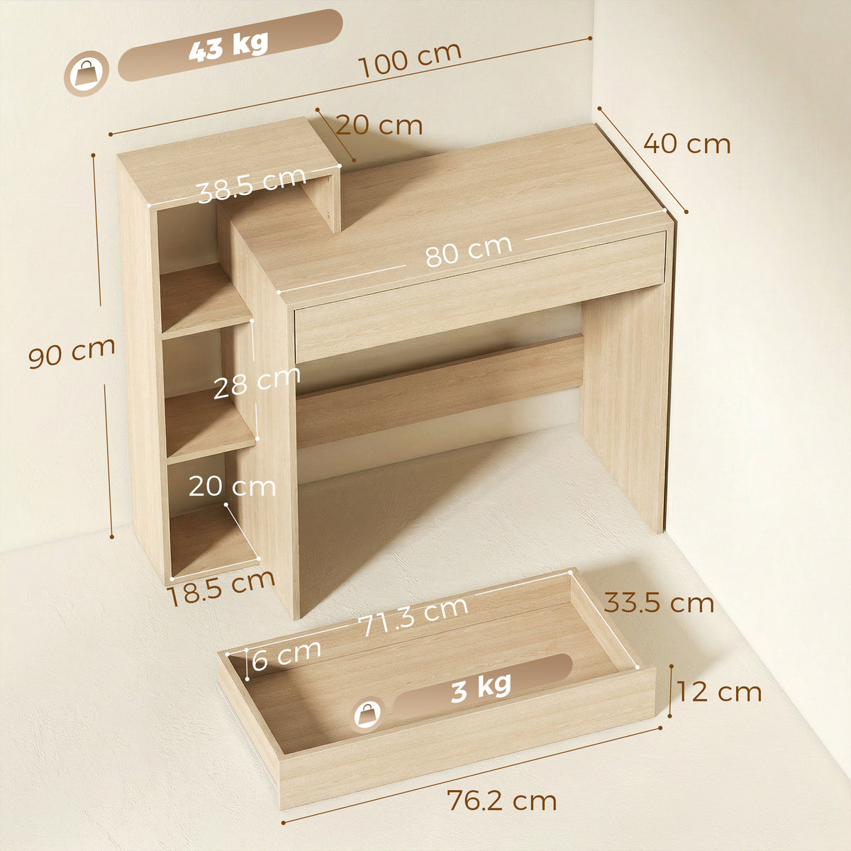 Computer Desk with 3 Open Shelves and Drawer - Natural