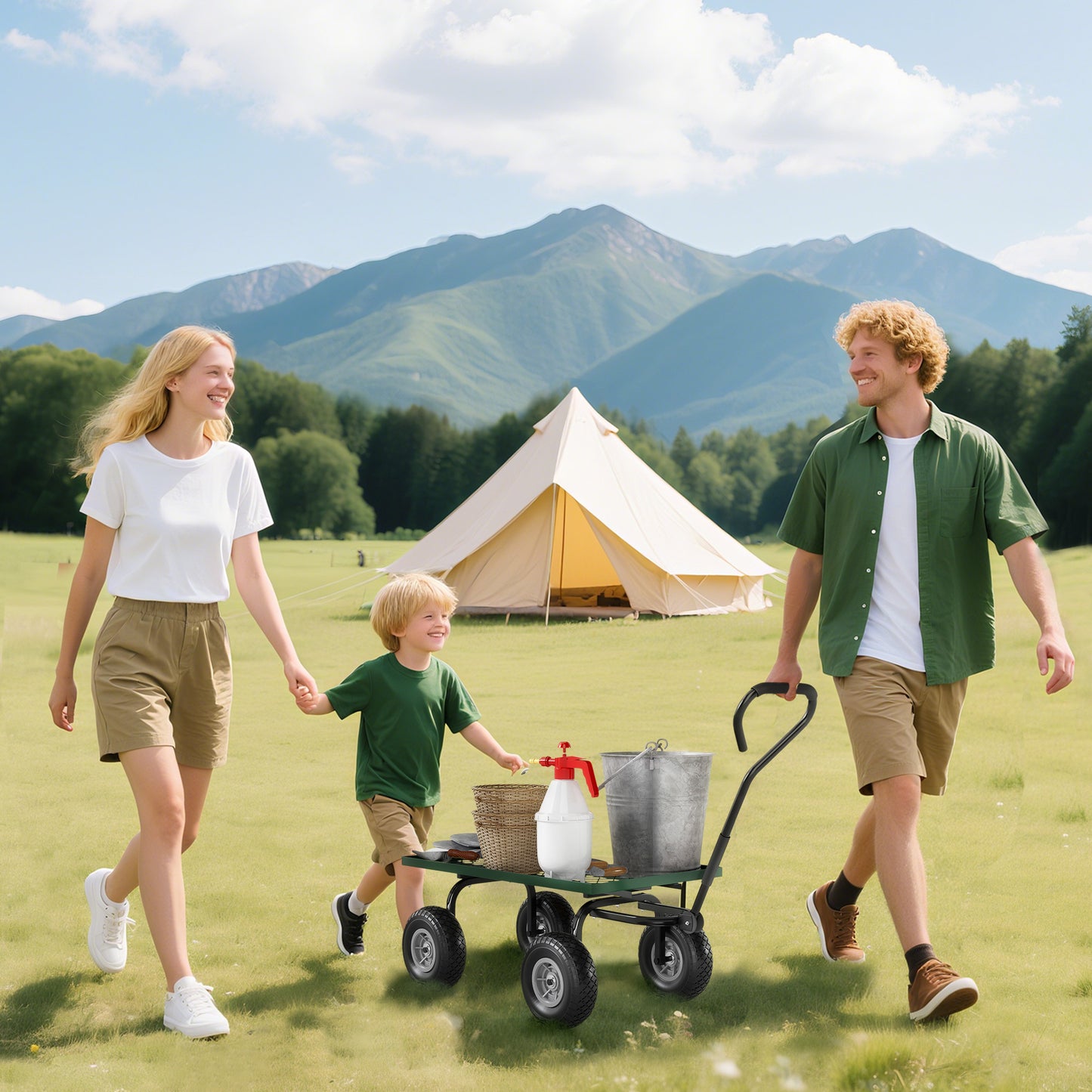 Garden Trolley Cart with Pneumatic Wheels and Rotating Handle, Green