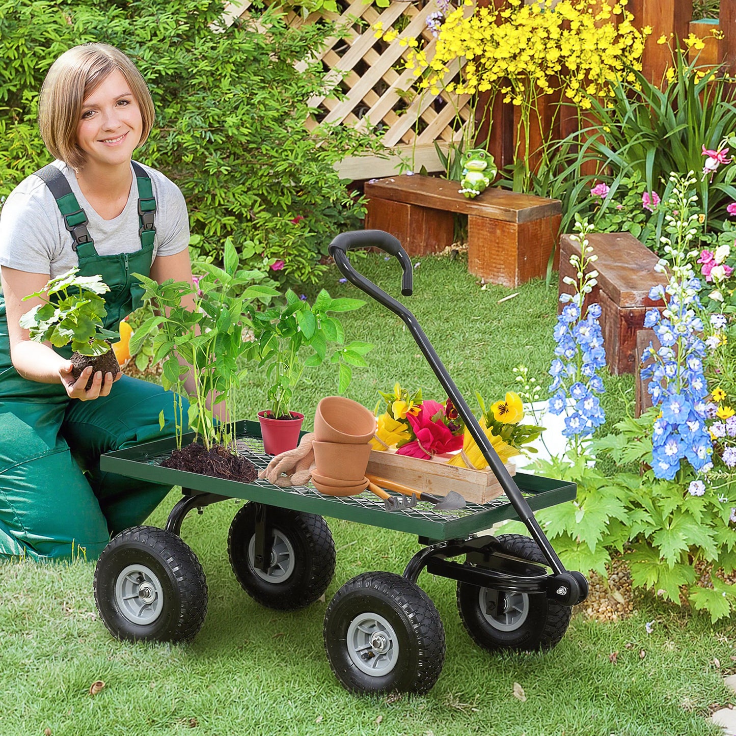 Garden Trolley Cart with Pneumatic Wheels and Rotating Handle, Green