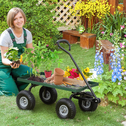 Garden Trolley Cart with Pneumatic Wheels and Rotating Handle, Green