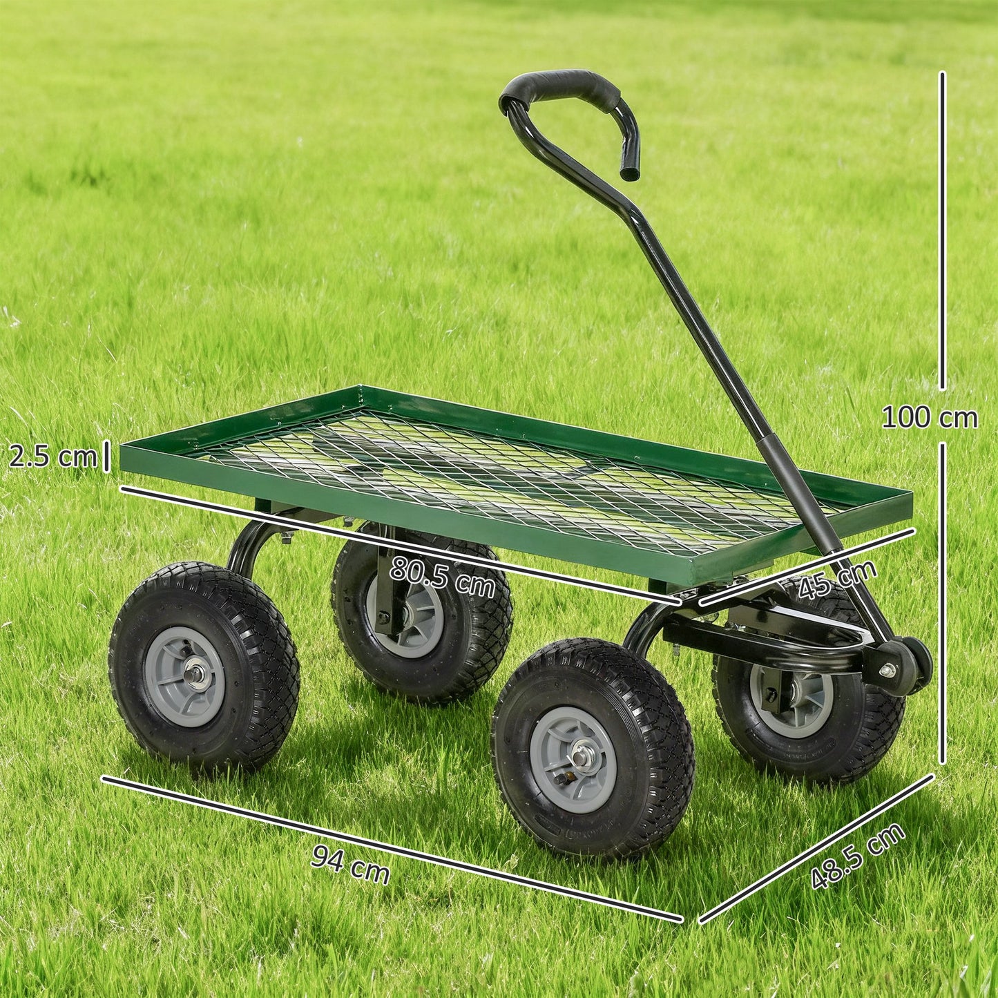 Garden Trolley Cart with Pneumatic Wheels and Rotating Handle, Green