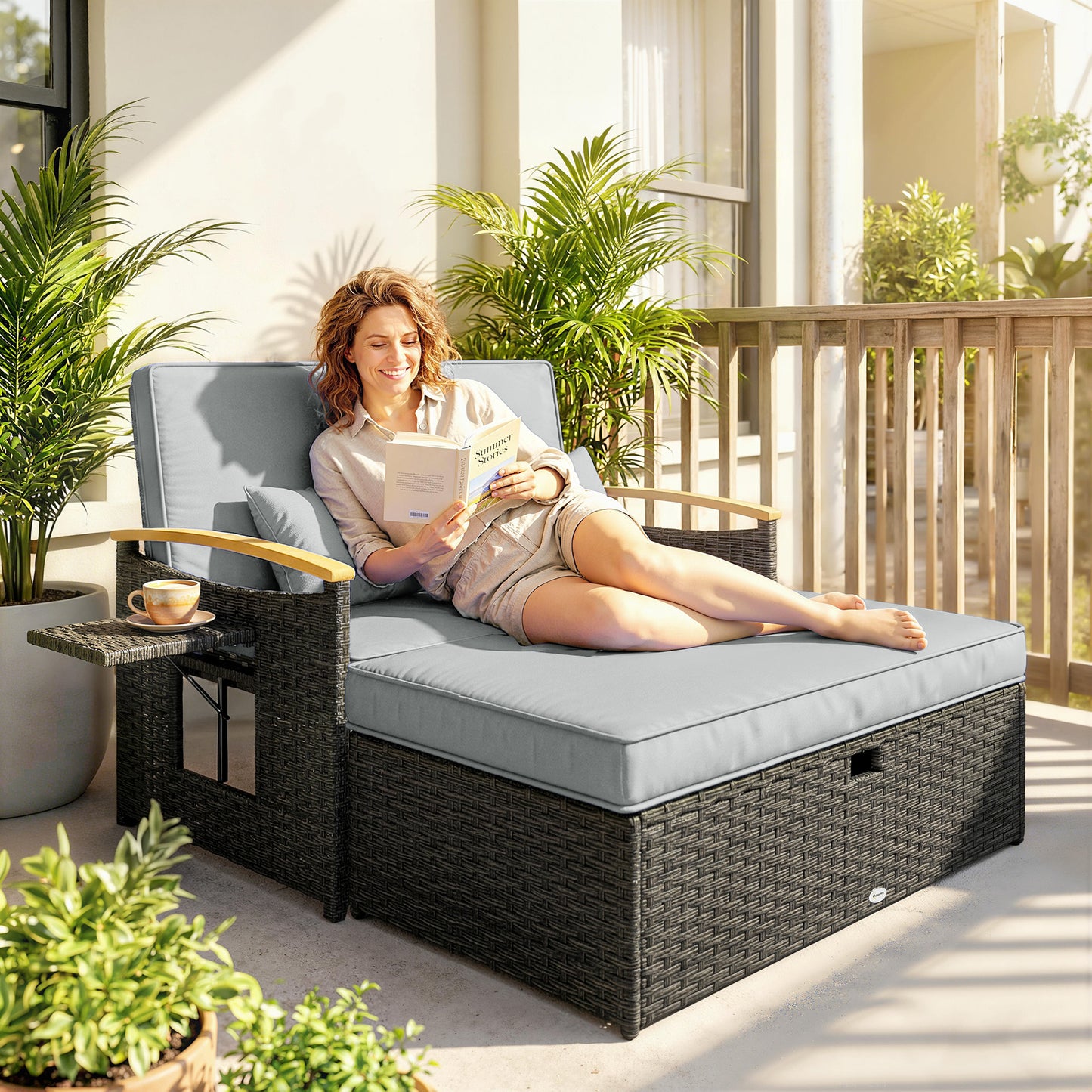 Double Rattan Sunbed Lounger with Storage & Adjustable Backrest – Dark Grey