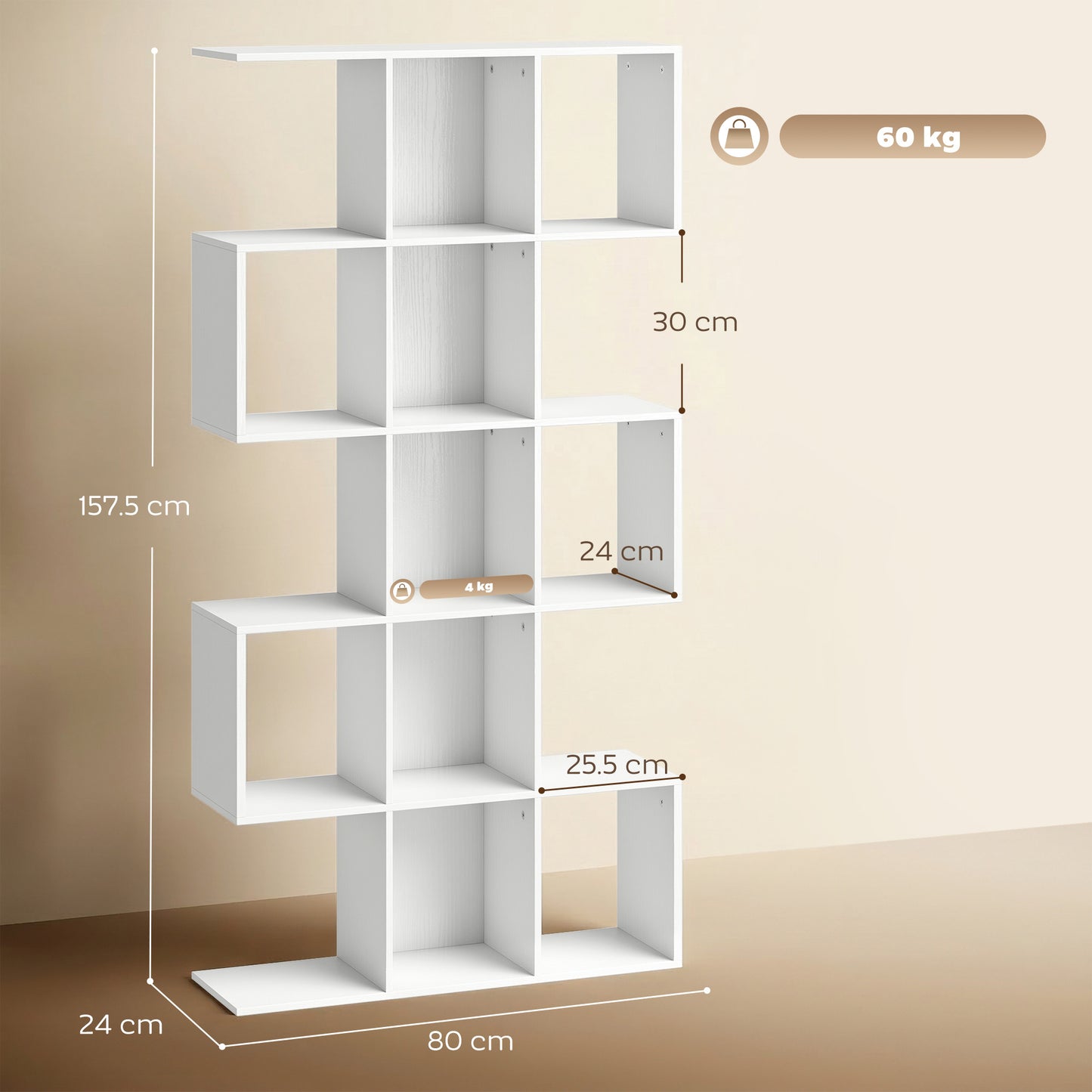 Geometric Bookshelf, 5-Tier S Shaped Bookcase, White Wood Effect