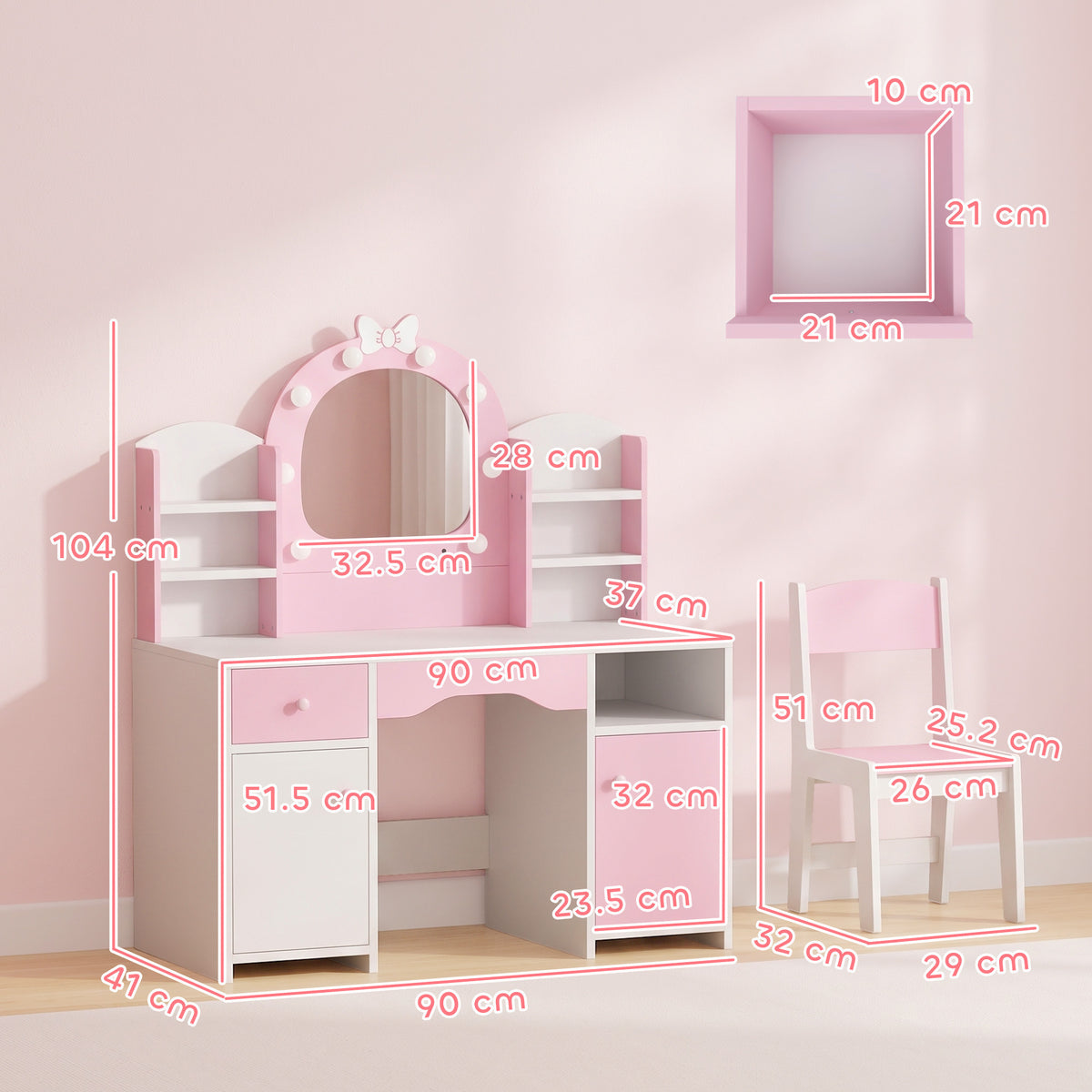 Kids Dressing Table with Stool, Lighted Mirror, Pink