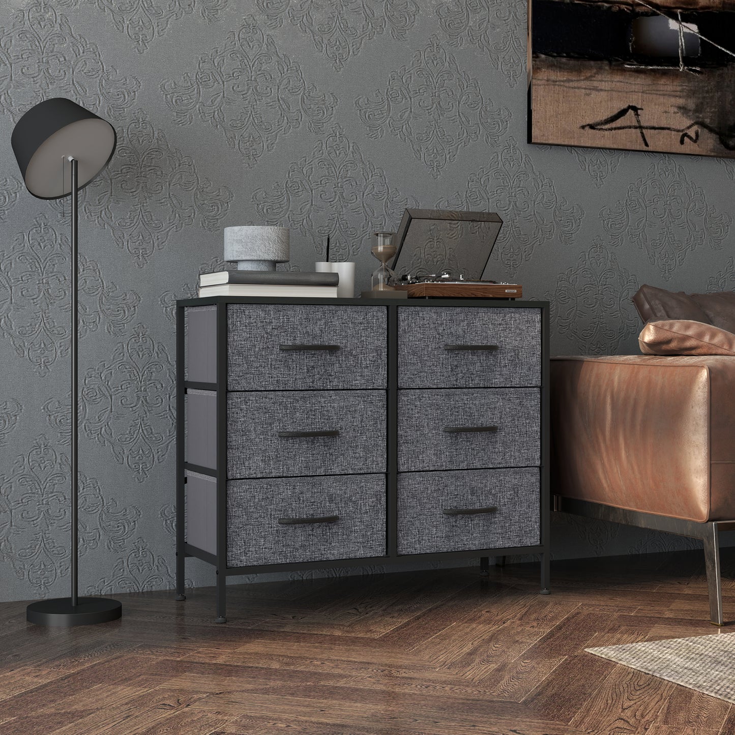 6 Drawer Fabric Chest of Drawers w/ Wooden Top for Hallway Black