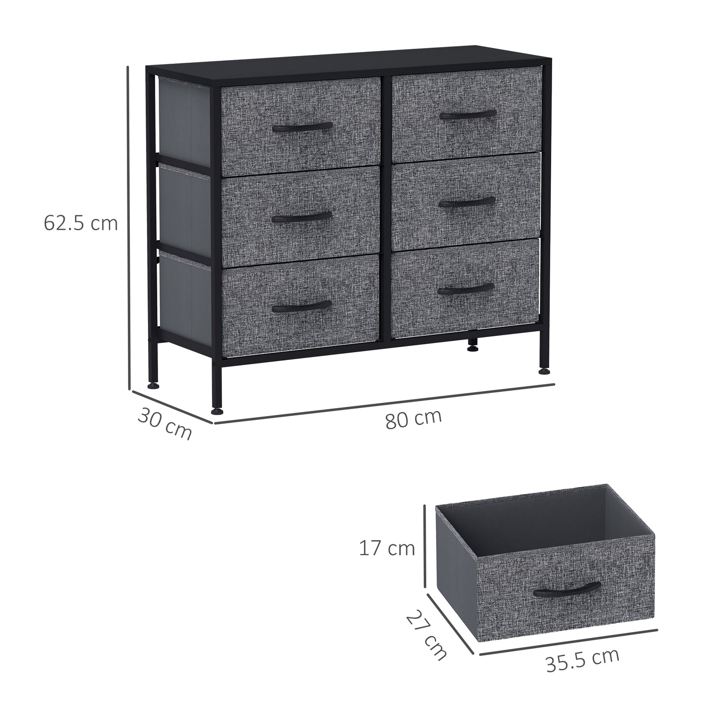 6 Drawer Fabric Chest of Drawers w/ Wooden Top for Hallway Black