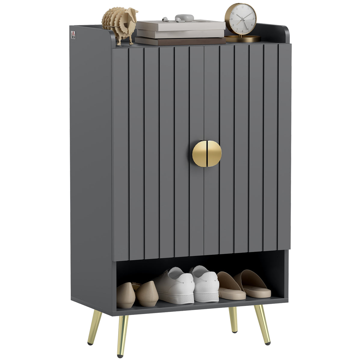 Shoe Storage Cabinet with Beadboard Doors for 15 Pairs of Shoes, Grey