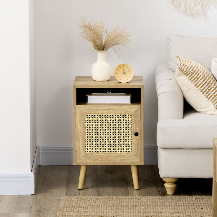 Bedside Table with Rattan Element, Side End Table with Shelf and Cupboard, 39cmx35cmx60cm, Set of 2, Natural