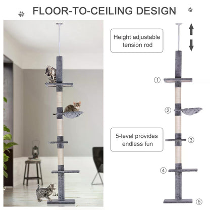 Floor to Ceiling Cat Tree for Indoor Cats 5-Tier Kitty Tower Climbing Activity Center Scratching Post Adjustable Height 230-260 cm Grey