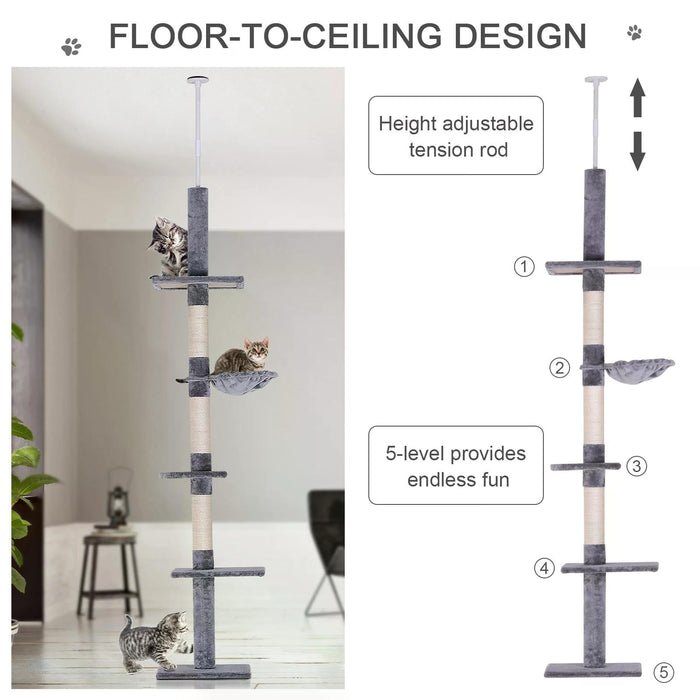 Cats Floor to Ceiling Scratching Post w/ 5-Tier Plush Leisure Platforms Grey