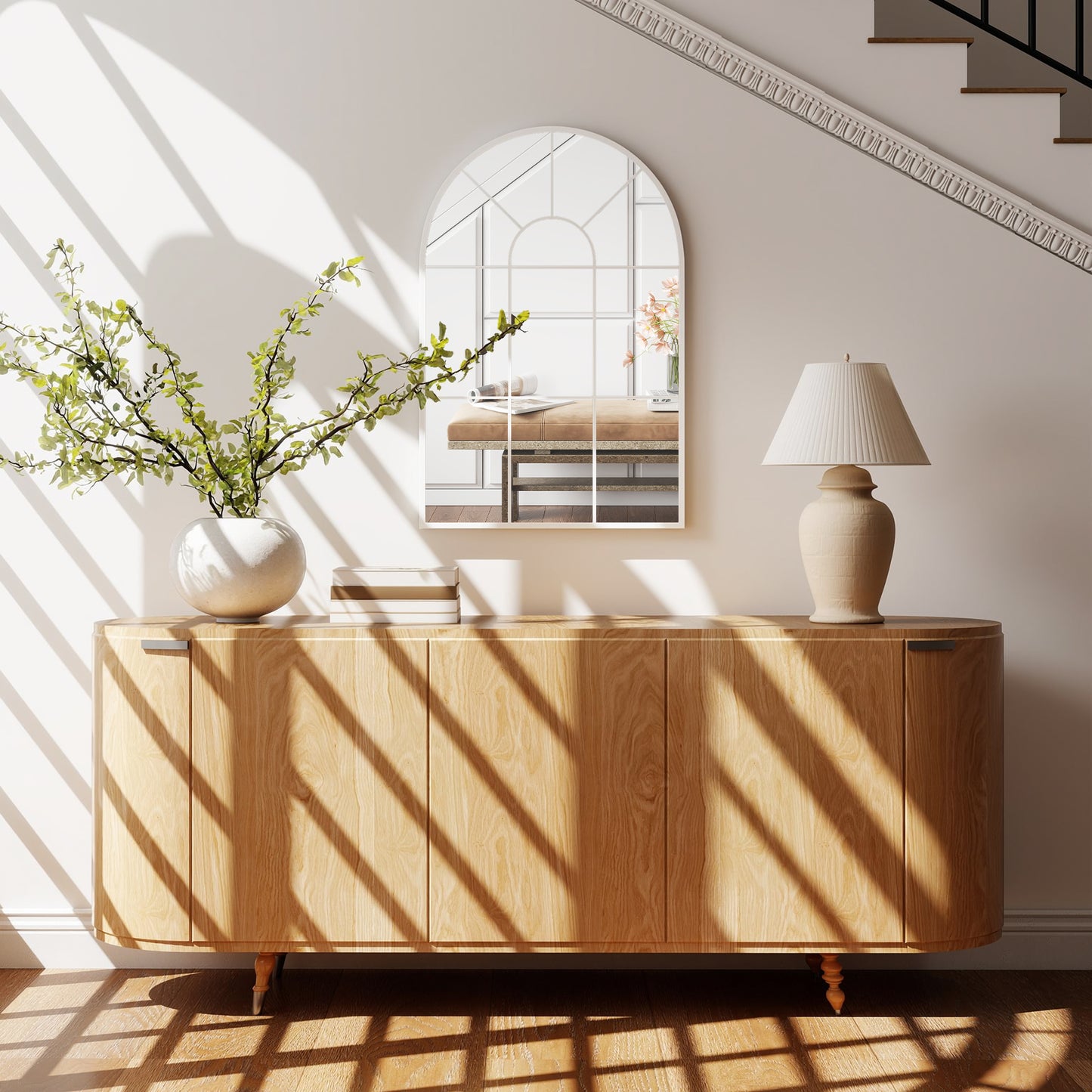 Arched Window Wall Mirror for Living Room Bedroom, 91x60cm, White