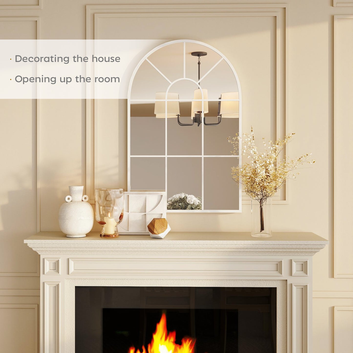 Arched Window Wall Mirror for Living Room Bedroom, 91x60cm, White