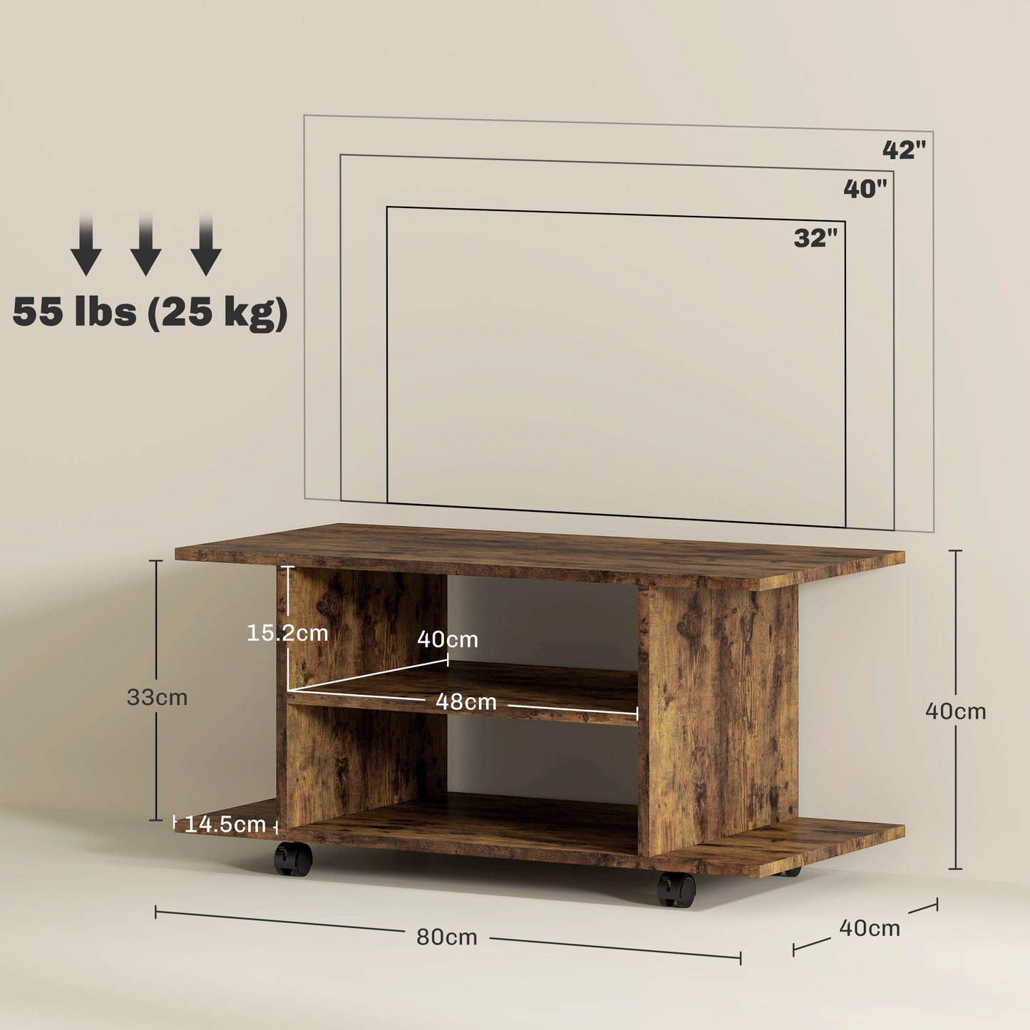 Modern TV Cabinet Stand Storage Shelves Table Mobile Rustic Brown
