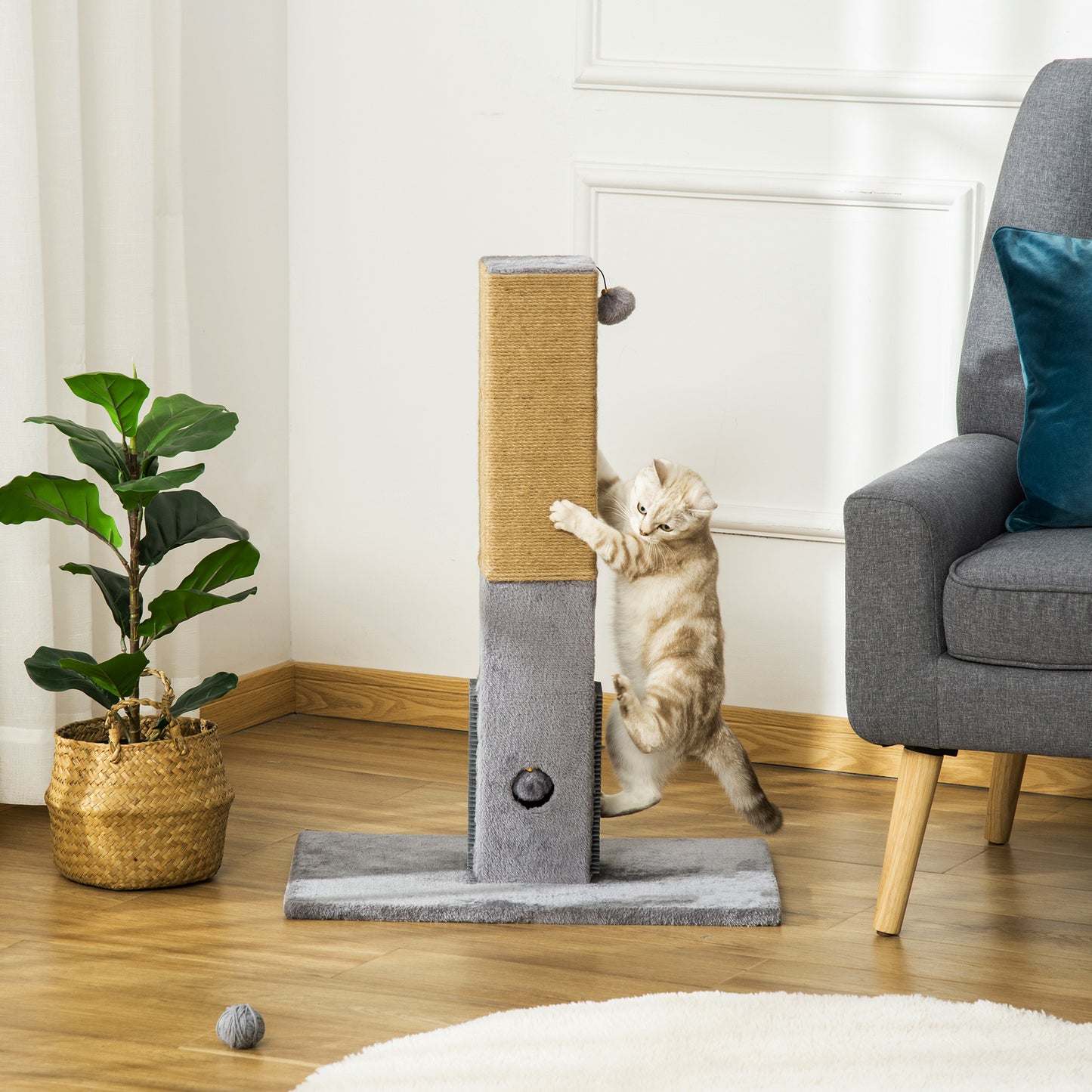Cat Tree Scratching Post for Indoor Cats 79cm Jute Scratcher Climber w/ Carpet Base Dangling Toy ‚àö√™ Grey