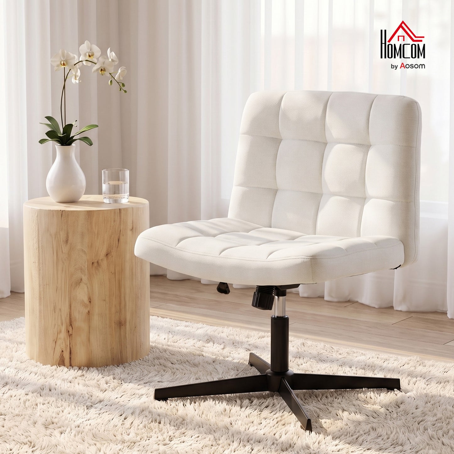 Armless Office Chair, Cross Legged Vanity Chair with Wide Seat, Beige