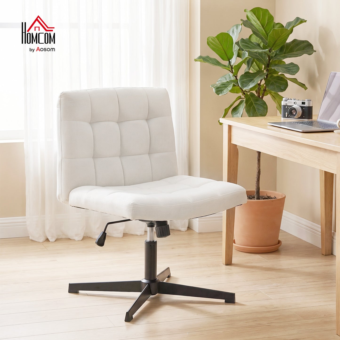 Armless Office Chair, Cross Legged Vanity Chair with Wide Seat, Beige