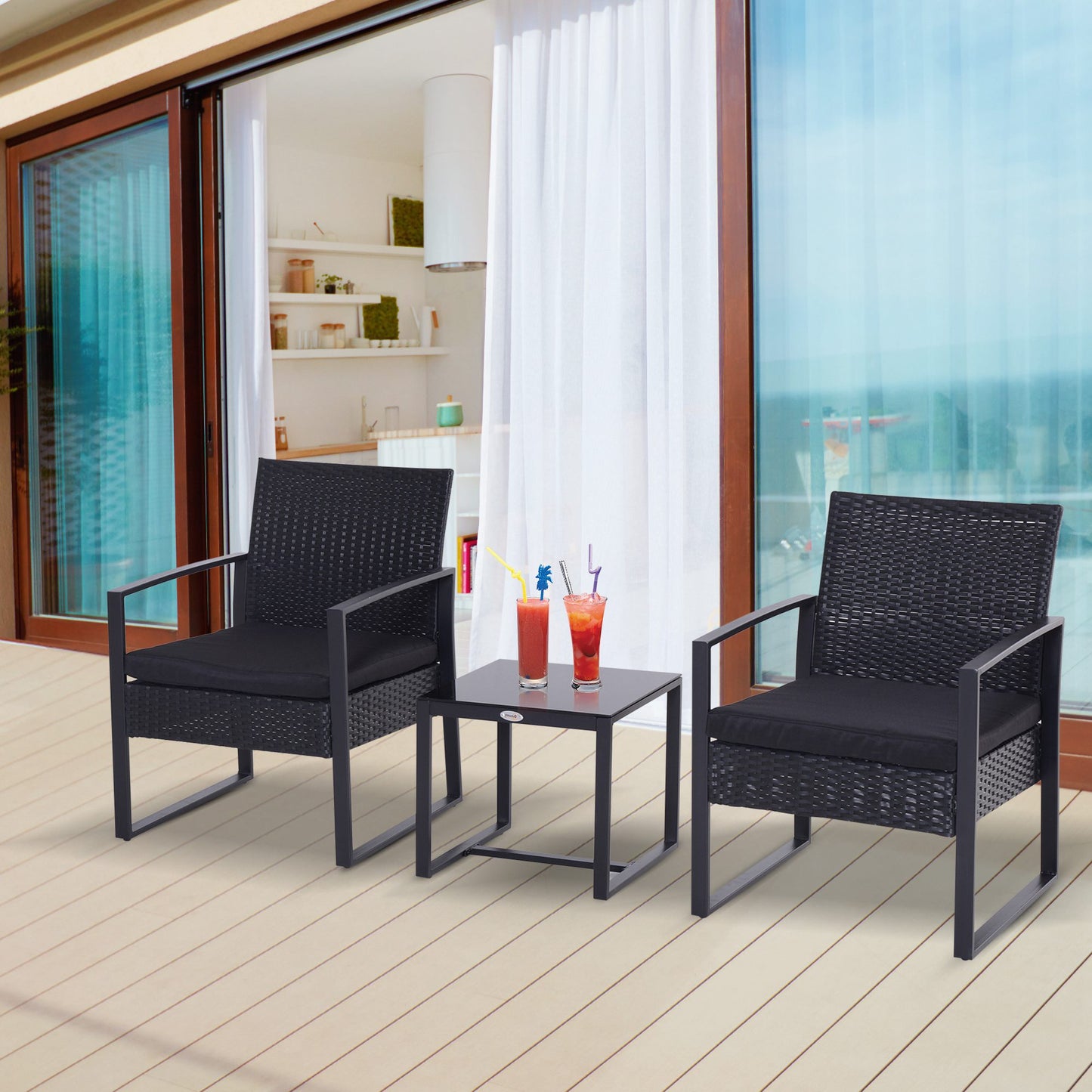 Outsunny 3 Pieces Outdoor Rattan Bistro Set, Patio Wicker Balcony Furniture, Conservatory Sofa Coffee Table and Chairs Sets for Garden, Backyard, Porch, Black