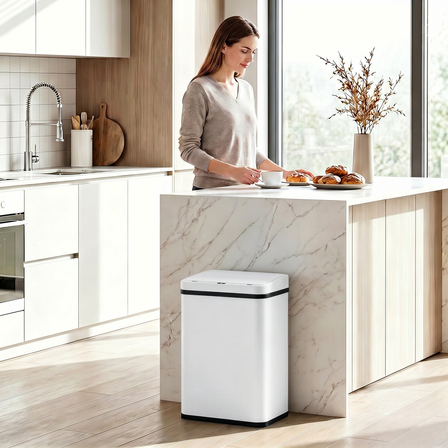 40L Sensor Bin with Quiet Soft-Close Lid, Automatic Touchless Motion Sensor Kitchen Bin with Fingerprint Resistant Stainless Steel for Hygienic Gyms, Home Office Use, White