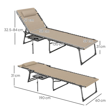 Folding Sun Lounger with 5-Level Reclining Back, Side Table, Beige