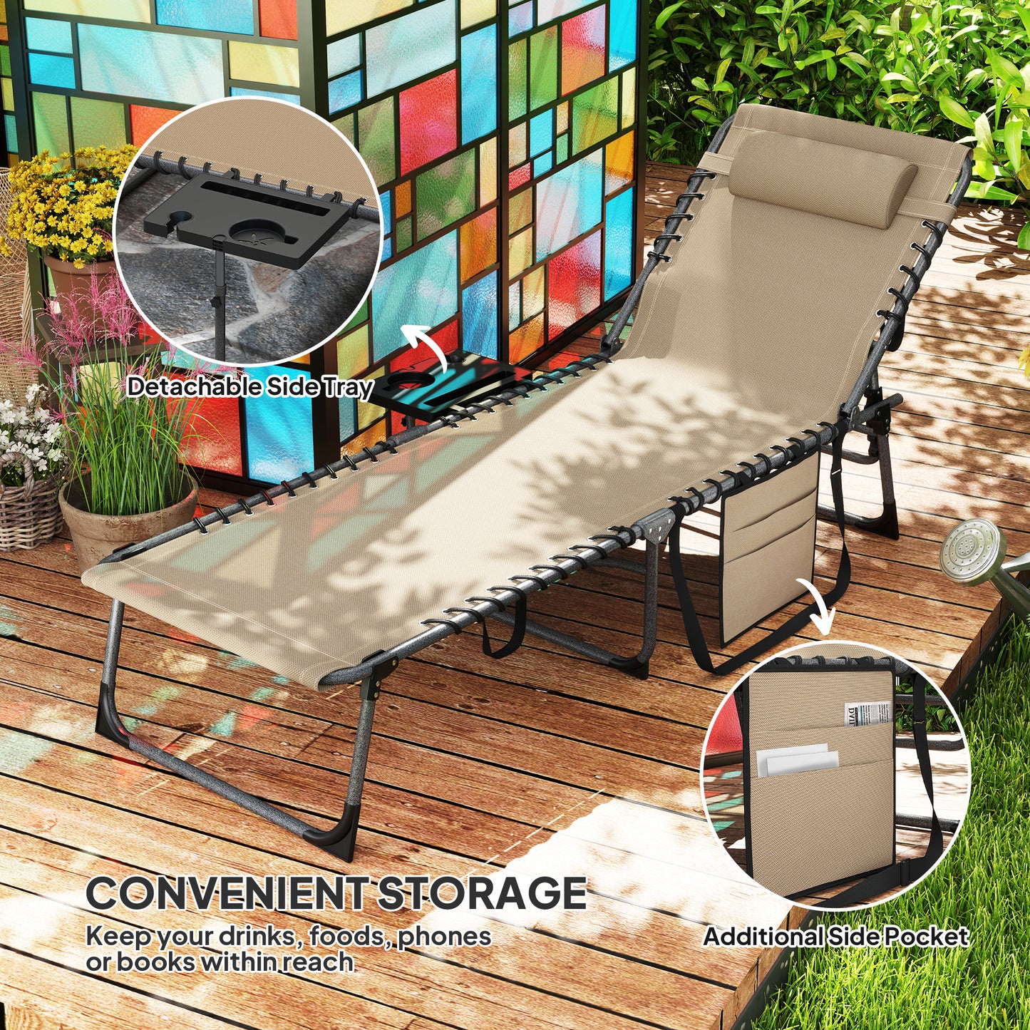 Folding Sun Lounger with 5-Level Reclining Back, Side Table, Beige