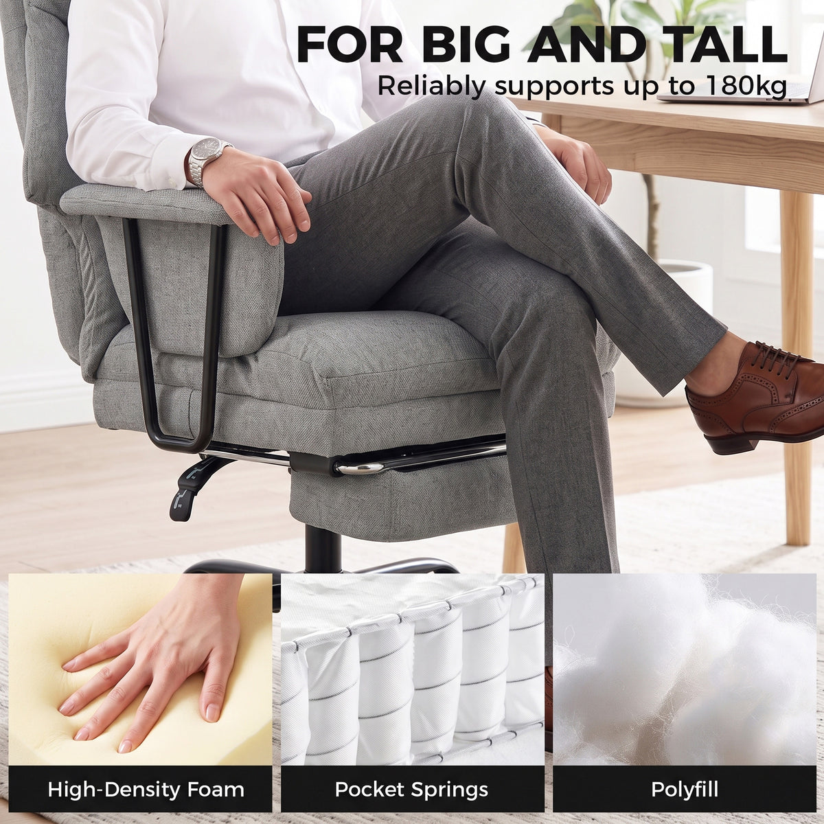 180kg Office Chair, Desk Chair with Lumbar Support, Grey