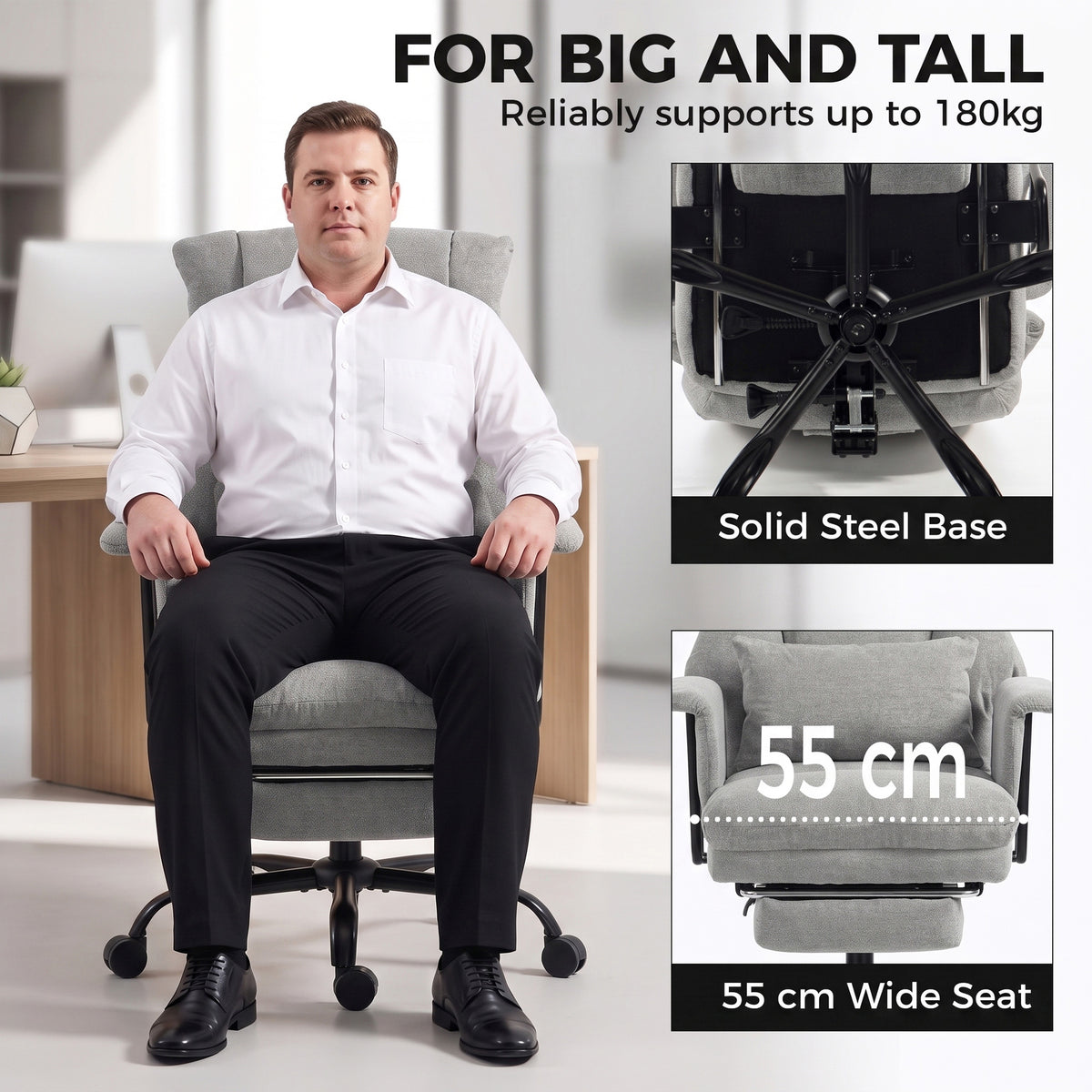 180kg Office Chair, Desk Chair with Lumbar Support, Grey