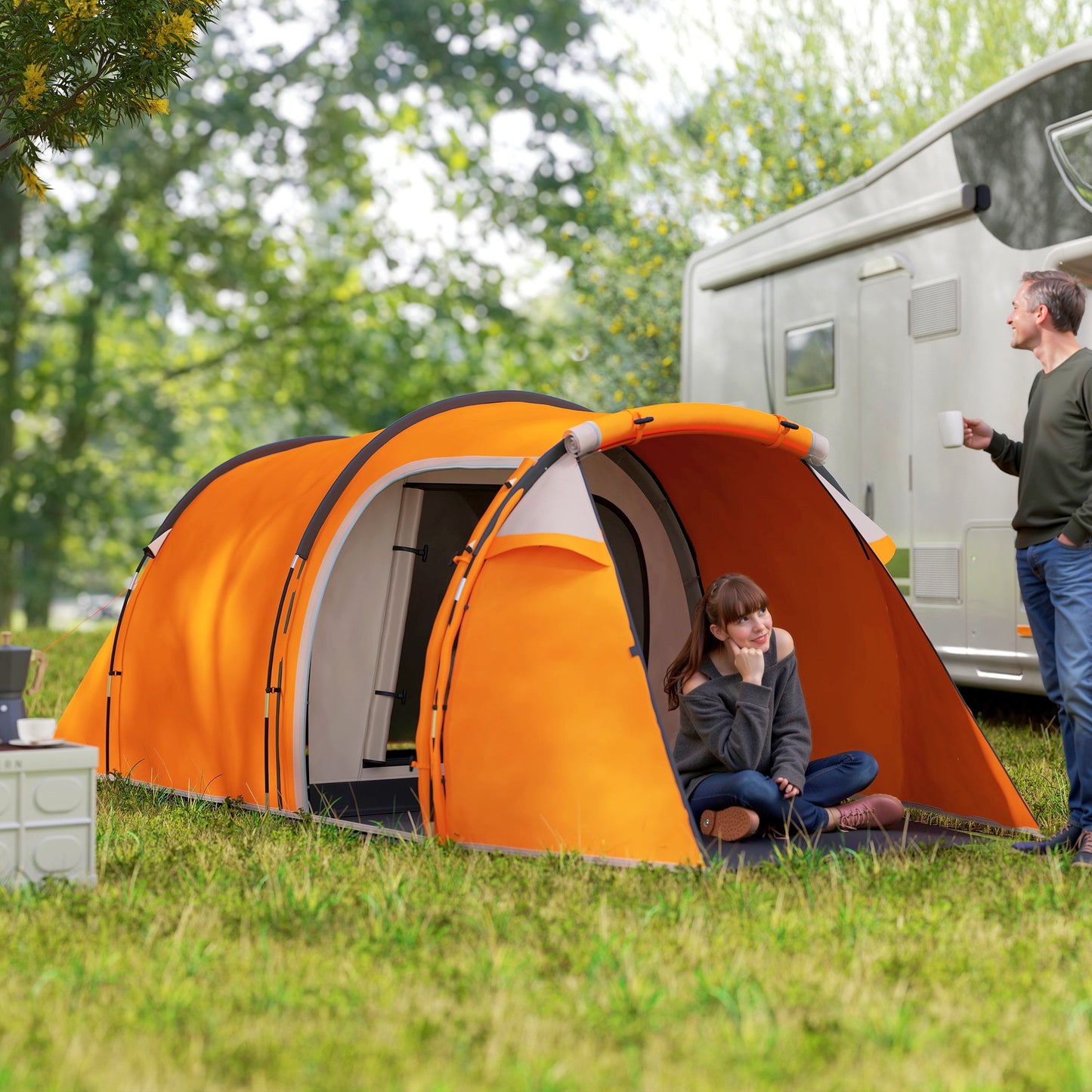 3 Man 2-Room Tent Camping Tent With Living Area Air Vents Orange