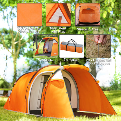 3 Man 2-Room Tent Camping Tent With Living Area Air Vents Orange
