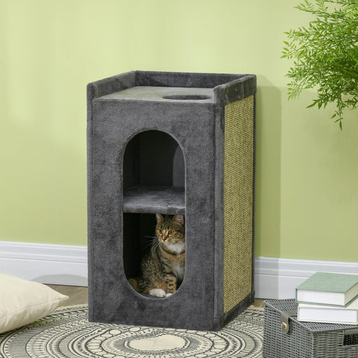 81 cm Cat Scratching Barrel with 2 Cat Condos, Cat Play Tower with Scratching Pad, Cat Scratching Tree for Indoor Cats, Grey