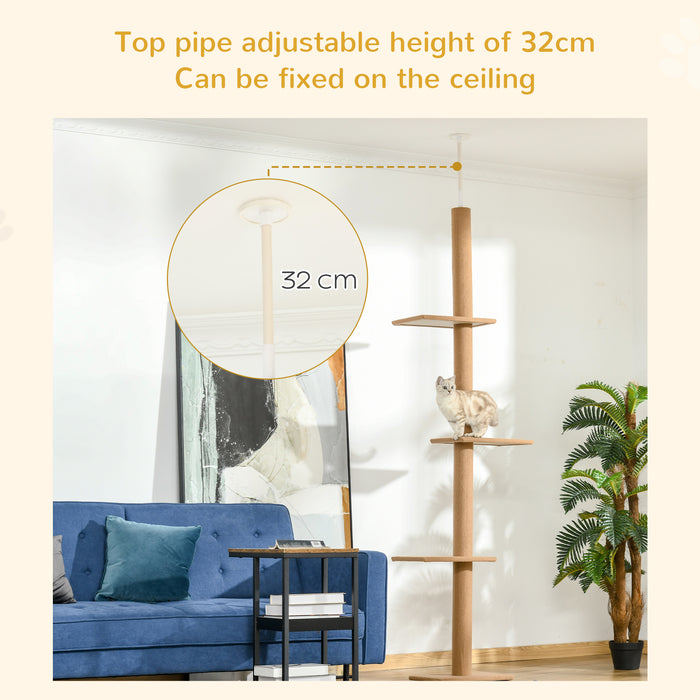 260cm Floor To Ceiling Cat Tree w/ 3 Perches Flannel Upholstery Kitten Pet Rest Sleep Activity Tower Home Furniture Brown