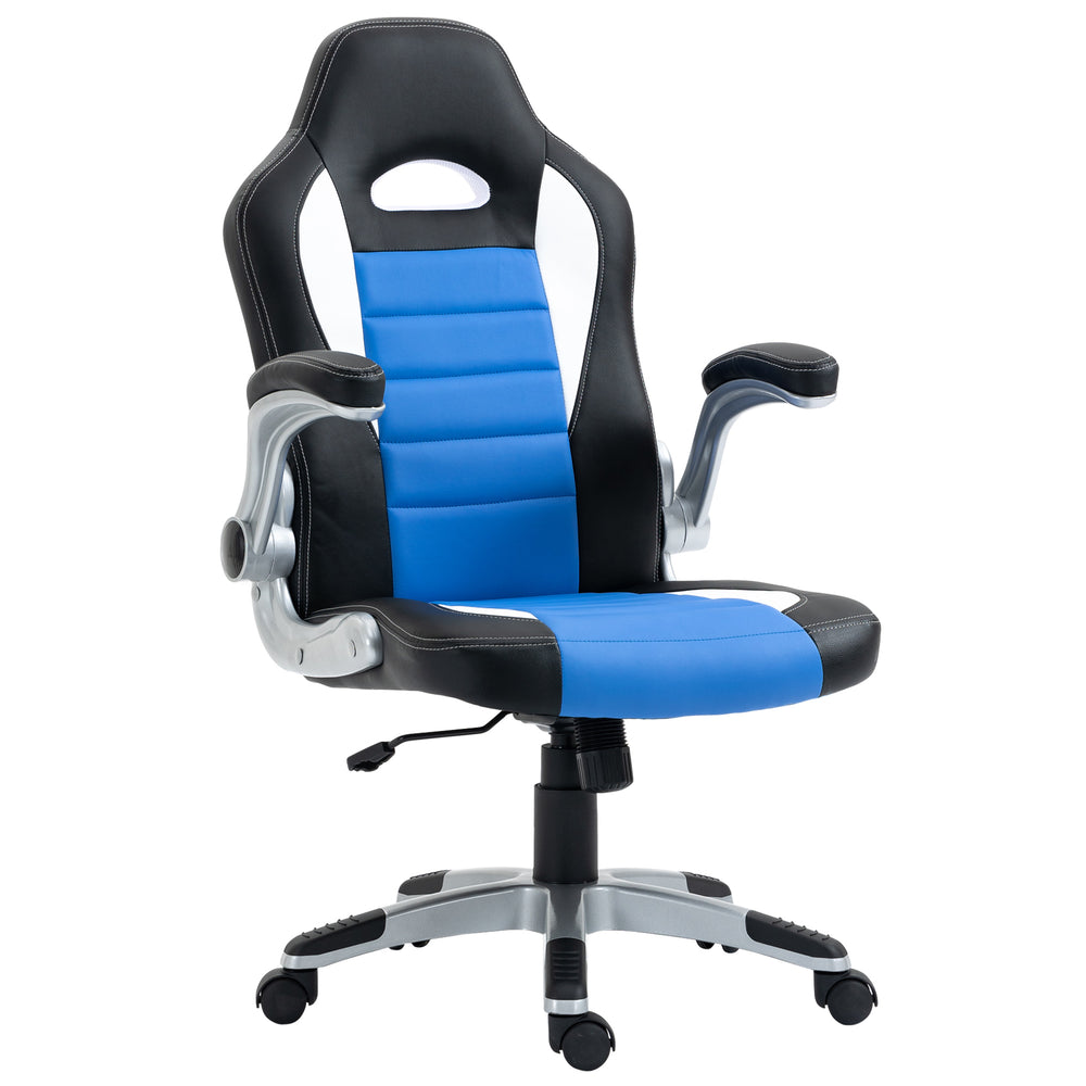 Racing Gaming Chair, PU Leather Computer Desk Chair, Height Adjustable Swivel Chair With Tilt Function and Flip Up Armrests, Blue