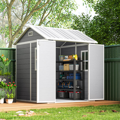6 x 6ft Garden Shed with Floor, Window, Lockable Doors and Vents, Wood Effect Resin Tool Shed for Outdoor Patio, Grey